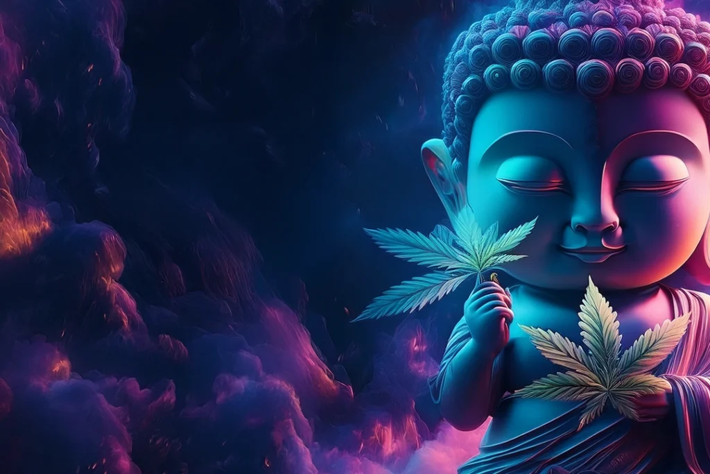 Buddah Society Buddah holding a hemp flower